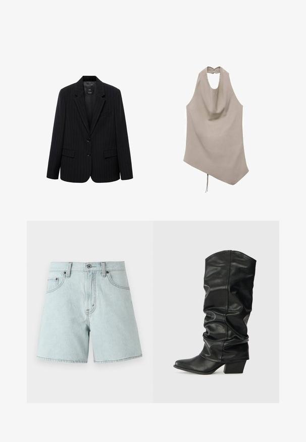 Blazer a righe nere con revers a punta, bottoni frontali e due tasche anteriori. Realizzato in tessuto morbido con una vestibilità sartoriale.; Top beige asimmetrico realizzato in tessuto liscio, con scollo all'americana, fronte drappeggiato e chiusura posteriore con bottoni e dettaglio a cravatta sull'orlo.; Shorts in denim azzurro chiaro con vita alta, dotati di due tasche frontali, chiusura con bottone e dettagli di cucitura laterale.; Stivali neri in pelle, alti fino al ginocchio, con design morbido, punta affusolata e tacco spesso, caratterizzati da una texture liscia e cuciture minime.