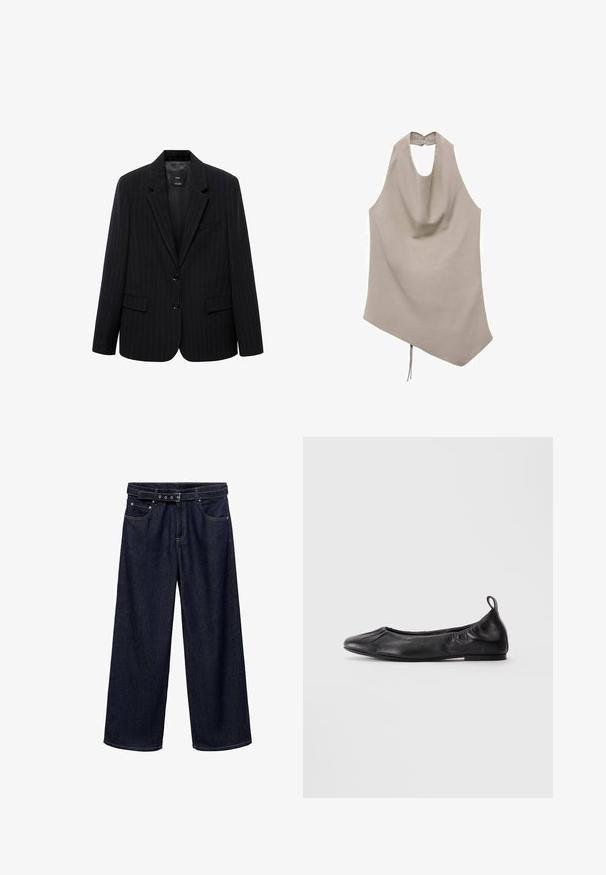 Svart randig blazer med slagkrage, frontknappar och två framfickor. Tillverkad av ett mjukt tyg med en skräddarsydd passform.; Asymmetrisk beige topp i mjukt tyg, har halterneck, draperad front och knappstängning bak med en knytning vid fållen.; Mörkblå vida jeanstights i denim. Har en bältesmidja med flera knappar, framfickor och en ren finish vid fållarna.; Svart läderballettskor med rund tå, sammang draget elastiska sidor och en dragflik vid hälen, uppvisade mot en ljus bakgrund.