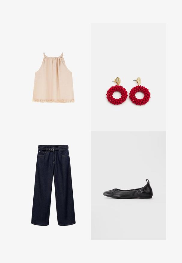 Sort blazer med smalle striber, der har et skåret revers, frontknapper og to forlommer. Fremstillet af glat stof med en skræddersyet pasform.; Lyserød ærmeløs top med rynket hals, flydende design og frynset kantdetalje, lavet af blødt, tekstureret stof.; Mørkeblå brede jeans lavet af denim. Har et bælte i taljen med flere knapper, forlommer og en ren afslutning ved sømmene.; Sort læder balletflade med rund tå, samlede elastiske sider og en løftestrop ved hælen, vist på en lys baggrund.; Røde perleørehængere med en struktureret overflade og en guldtonet lukning. Cirkulær form med åben midte og rund perledetaljering.