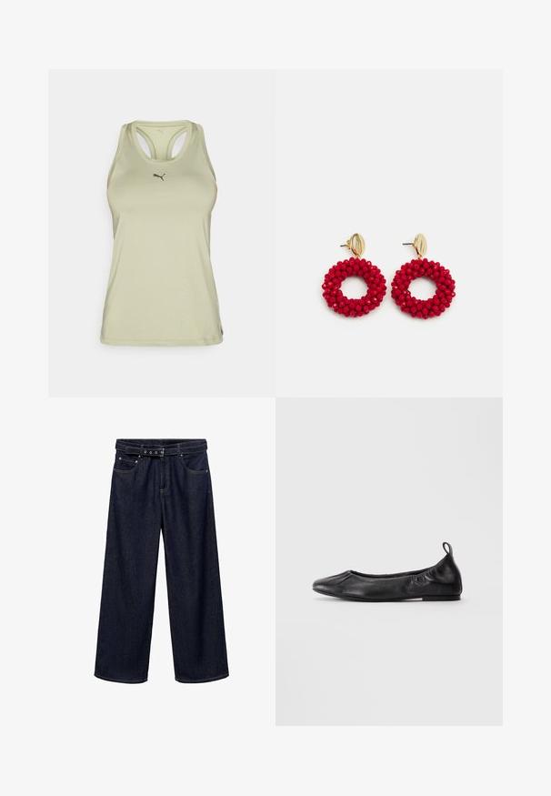 Crni blazer s prugicama, s ravnim reverima, prednjim gumbima i dva prednja džepa. Izrađen od glatkoga materijala s prilagođenim krojem.; Svijetlozelena atletska majica bez rukava s dizajnom racerback, koja sadrži suptilni logo na prsima i glatku, rastezljivu tkaninu.; Tamno plave široke traperice od denima. Imaju pojas s remenom i više dugmadi, prednje džepove i uredan završetak na nogavicama.; Crne kožne baletanke s okruglim vrhom, nabranim elastičnim stranama i petom s izvlačenjem, prikazane na svijetloj pozadini.; Crvene naušnice od perlica u obliku obruča s teksturiranom površinom i zlatnim postom za zatvaranje. Kružni oblik s otvorenim središtem i zaobljenim detaljima od perlica.