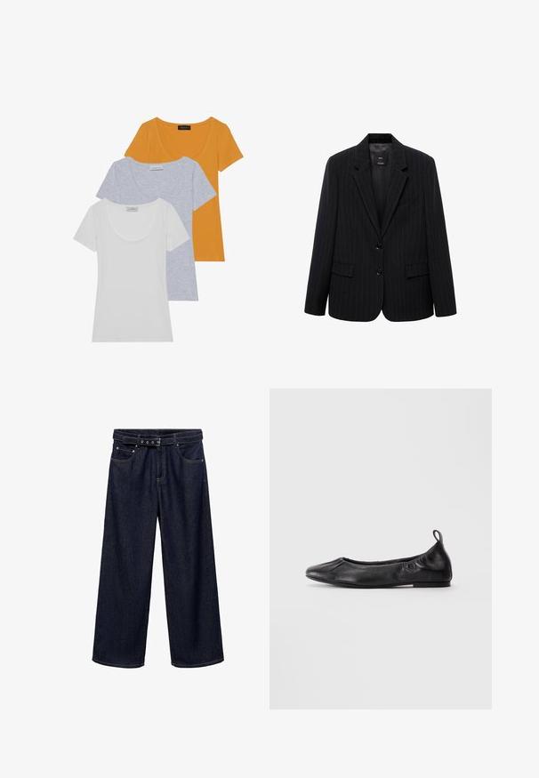 Čierny oblekový blazer s prúžkami, obsahujúci klopový golier, predné gombíky a dve predné vrecká. Vyrobený z hladkej látky s priliehavým strihom.; Tričko s krátkym rukávom v oranžovej, svetlosivej a bielej farbe, vyrobené z jemnej bavlny, s okrúhlym výstrihom a priliehavým strihom.; Tmavomodré široké džínsy vyrobené z denimu. Majú pás s opaskom a viacerými gombíkmi, predné vrecká a čistý lem na okrajoch.; Čierne kožené baletné topánky s okrúhlou špičkou, zhrnutými elastickými stranami a pútkom na päte, vystavené na svetlom pozadí.