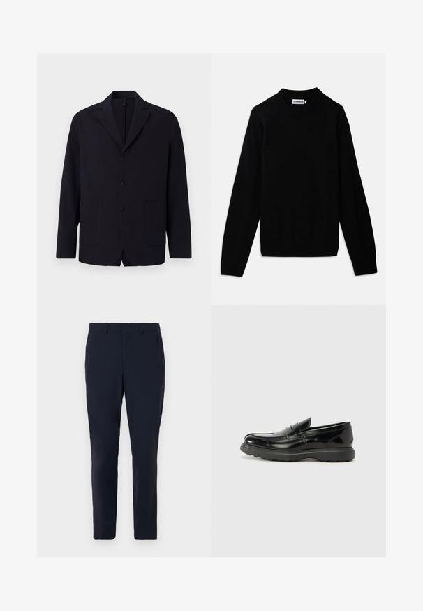 Mornarsko sako od teksturiranog materijala, jednoredni s tri dugmeta, s reverima, dva prednja džepa i opuštenim krojom.; Crni pulover s rebrastim okruglim izrezom, dugim rukavima i teksturiranim pletenim uzorkom. Nema vidljivih logotipa ili ukrasa.; Tamno plave krojene hlače izrađene od tkanog materijala, s ravnim prednjim dijelom, peteljkama za pojas i slim fit dizajnom sa bočnim džepovima.; Crne kožne mokasine s sjajnom završnom obradom, okruglim vrhom, suptilnim detaljima šivanja i debelim gumenim đonom za izdržljivost.