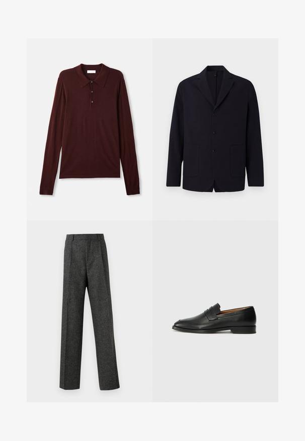 Granatowa marynarka w fakturowanym materiale, zapinana na trzy guziki, z klapami z wycięciem, dwiema przednimi kieszeniami oraz luźnym krojem.; Długi rękaw, głęboki burgundowy polo w miękkim materiale. Posiada klasyczny kołnierzyk, zapięcie na trzy guziki i dopasowane mankiety.; Szare spodnie o dopasowanym kroju wykonane z teksturowanej tkaniny, z dwoma fałdami z przodu i prostymi nogawkami. Brak widocznych kieszeni i zdobień.; Czarne skórzane mokasyny z zaokrąglonym noskiem, subtelnymi przeszyciami i niskim obcasem, charakteryzujące się gładką teksturą i minimalistycznym designem.