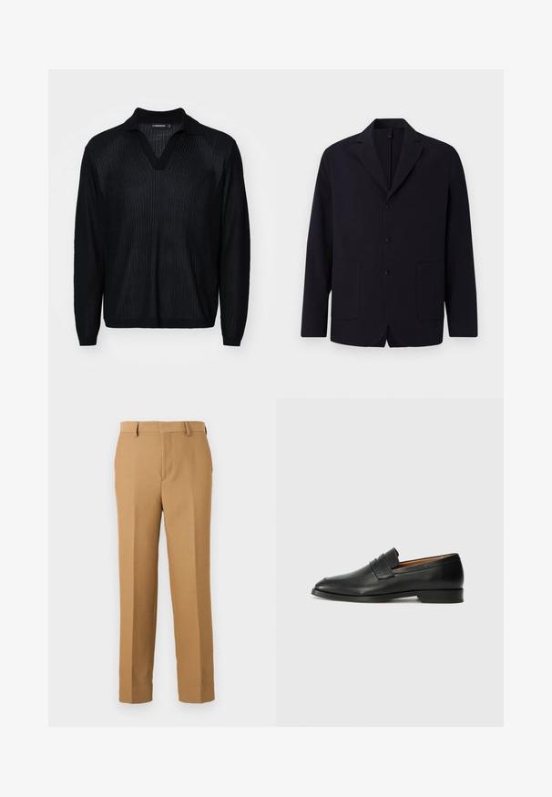 Marineblazer aus strukturiertem Stoff, einreihig mit drei Knöpfen, Reverskragen, zwei Vordertaschen und lockerer Passform.; Schwarzer Strickpullover mit V-Ausschnitt, ribbeligem Muster, langen Ärmeln und einem kontrastierenden Kragen. Glatter, leichter Stoff.; Beige Anzughosen aus gewebtem Stoff, mit geradem Schnitt, flachem Front und Gürtelschlaufen. Glatte Textur ohne sichtbare Muster.; Schwarze Leder-Slipper mit runder Zehenform, dezenten gestickten Details und niedrigem Absatz, ausgestattet mit glatter Textur und minimalistischem Design.