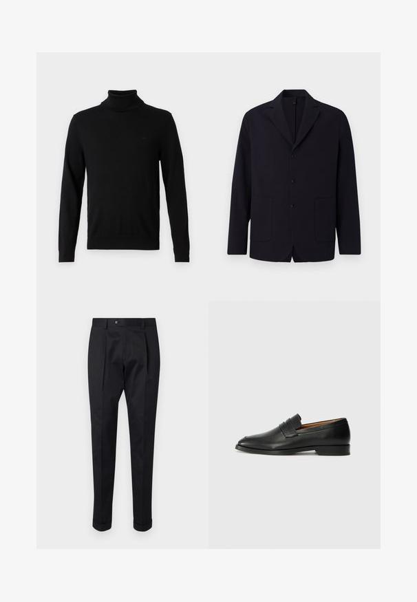 Blazer blu navy in tessuto texturizzato, monopetto con tre bottoni, rever a lancia, due tasche frontali e una vestibilità rilassata.; Michael Kors CORE TURTLE NECK - Maglione - black; Pantaloni neri realizzati in un tessuto liscio, con una piega sul davanti, chiusura con bottone e risvolti alla caviglia.; Mocassino in pelle nera con punta arrotondata, dettagli cuciti sottili e tacco basso, caratterizzato da una texture liscia e un design minimalista.