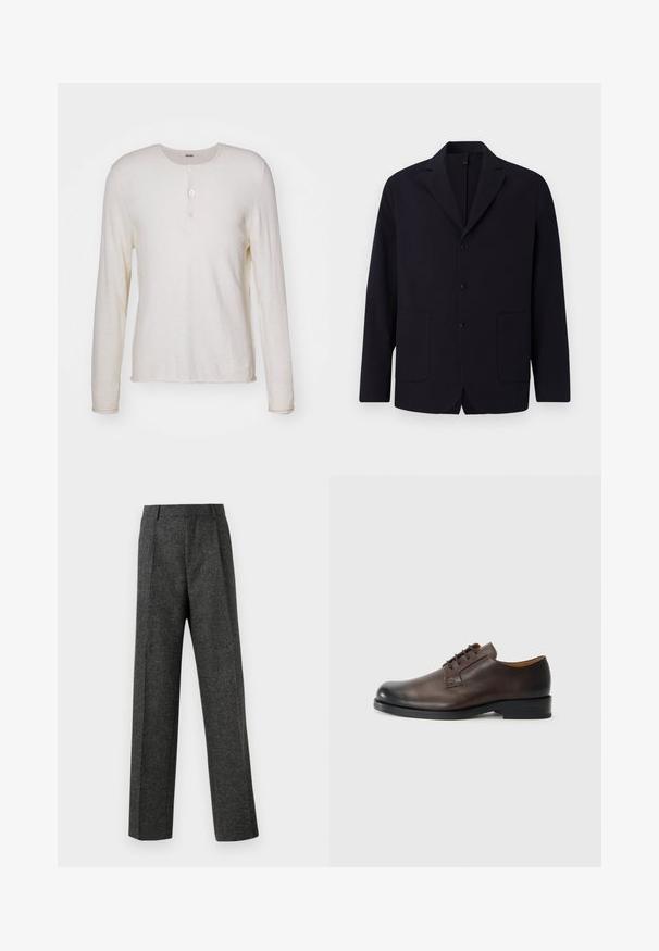 Marineblazer aus strukturiertem Stoff, einreihig mit drei Knöpfen, Reverskragen, zwei Vordertaschen und lockerer Passform.; Langärmliges, cremefarbenes Henley-Shirt aus weichem Stoff, mit Rundhalsausschnitt, drei Knöpfen auf der Vorderseite und geradem Saum.; Graue maßgeschneiderte Hose aus strukturiertem Stoff, mit zwei vorderen Falten und geradem Bein. Keine sichtbaren Taschen oder Verzierungen.; Braunes Leder-Schuh mit runder Zehenform, niedrigem Absatz, Schnür-Design und glatter Textur. Verfügt über minimale Nähte und eine polierte Oberfläche.
