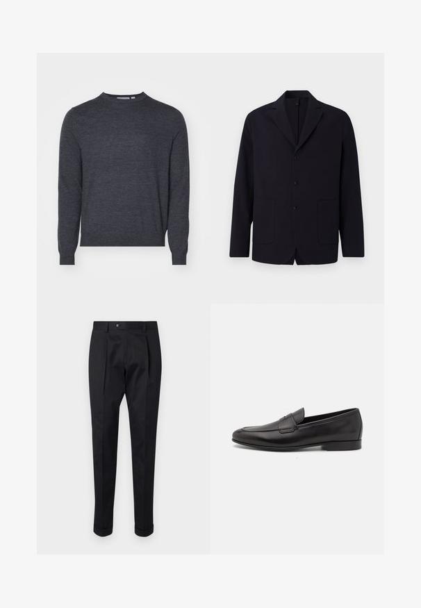 Blazer blu navy in tessuto texturizzato, monopetto con tre bottoni, rever a lancia, due tasche frontali e una vestibilità rilassata.; Tiger of Sweden CONNOR - Maglione - grey street; Pantaloni neri realizzati in un tessuto liscio, con una piega sul davanti, chiusura con bottone e risvolti alla caviglia.; Mocassino da uomo in pelle nera con tacco basso e design classico a striscia, mostrato in profilo laterale su sfondo bianco.