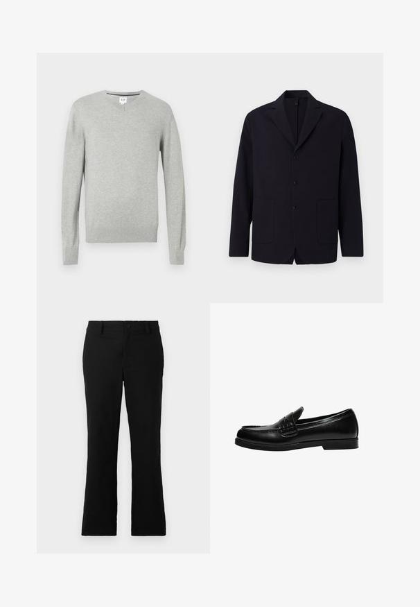 Navy blazer in textiel, éénrijks met drie knopen, notch revers, twee voorkzakken en een ontspannen pasvorm.; Lichtgrijze trui, v-hals ontwerp, lange mouwen, ribgebreide boorden en zoom, zachte textuur. Merkenlabel bevindt zich bij de halslijn.; Zwarte uitlopende broek van een katoenmix, voorzien van een knoopsluiting, riemlussen en een gladde textuur zonder zichtbare patronen.; Zwarte leren loafers met een gladde afwerking, voorzien van stiksel op de voorkant en een lage, stevige zwarte rubberen zool.