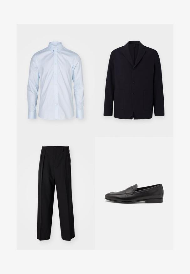 Mornarsko sako od teksturiranog materijala, jednoredni s tri dugmeta, s reverima, dva prednja džepa i opuštenim krojom.; Svijetloplava košulja dugih rukava s klasičnom kragnom, sprijeda na kopčanje s gumbima koji su kontrastni; izrađena od glatkog materijala s oštrom završnom obradom.; Crne plisirane hlače s ravnim širokim nogavicama. Izrađene od glatkog materijala, s dugmadi za zatvaranje i petljama za remen.; Crne kožne muške mokasine s niskom petom i klasičnim dizajnom trake za novčiće, prikazane u bočnom profilu na bijeloj pozadini.