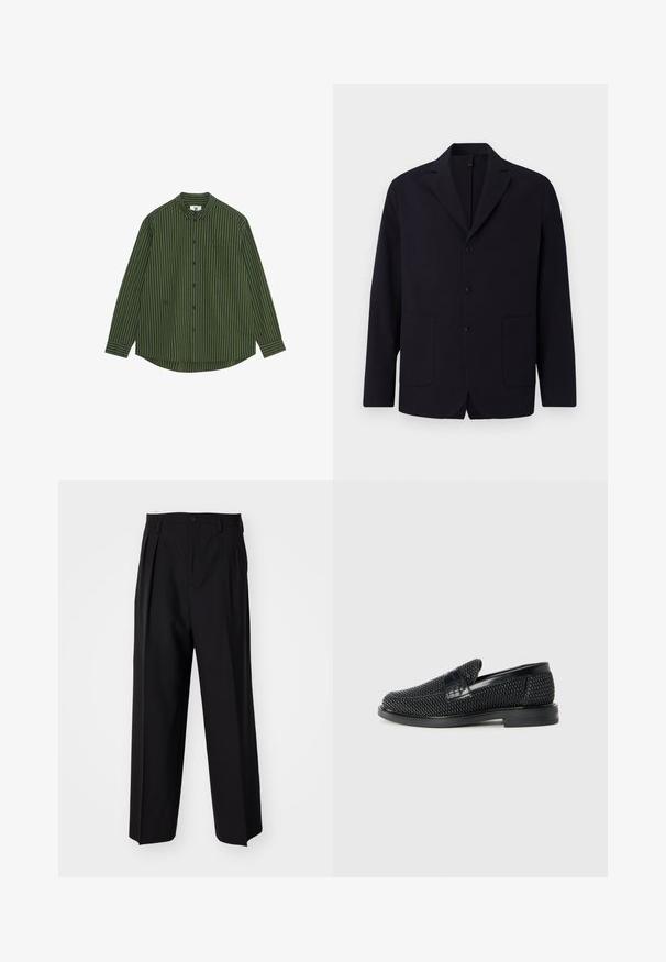 Blazer blu navy in tessuto texturizzato, monopetto con tre bottoni, rever a lancia, due tasche frontali e una vestibilità rilassata.; Camicia a maniche lunghe a righe verticali verde scuro e blu navy, con colletto bottone, tasca sul lato sinistro del petto e orlo curvo.; Pantaloni neri a pieghe con un design dritto e gamba larga. Realizzati in tessuto morbido, con chiusura a bottone e passanti per cintura.; Scarpa nera a mocassino intrecciata con un accentuato in pelle liscia sulla parte superiore, design a punta rotonda e suola in gomma a profilo basso.