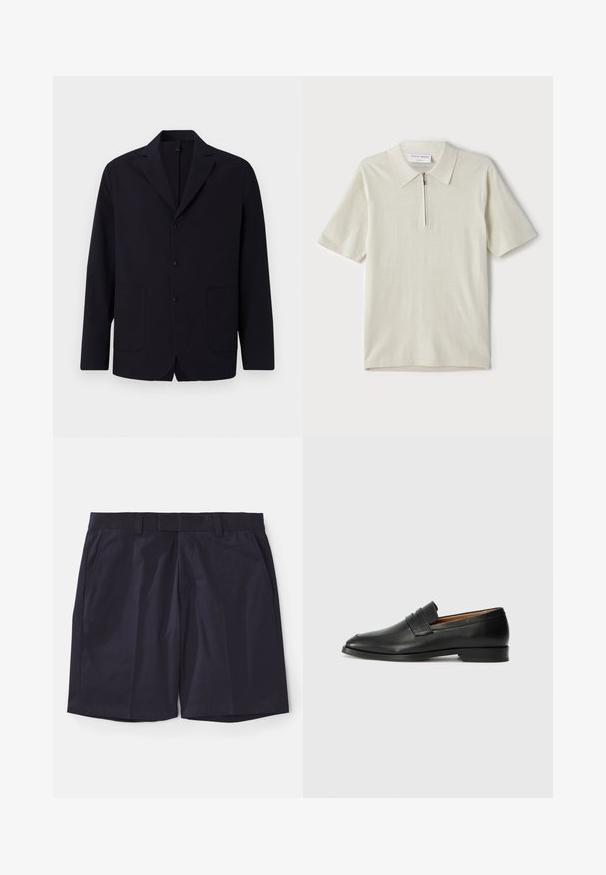 Navy blazer in textured fabric, single-breasted with three buttons, notch lapels, two front pockets, and a relaxed fit.; Short-sleeve polo shirt in light beige with a zippered collar. Made of smooth fabric, features a simple, modern design without patterns.; Navy blue shorts made of smooth fabric with a flat front, belt loops, and side pockets; hemmed with straight edges for a clean finish.; Black leather loafer with a rounded toe, subtle stitched detailing, and a low heel, featuring a smooth texture and minimalist design.