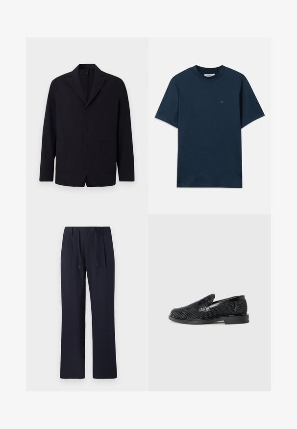 Marineblazer i tekstureret stof, en-knapslukning med tre knapper, slidserevers, to frontlommer og en afslappet pasform.; Marineblå bomulds t-shirt med rund halsudskæring, korte ærmer og et diskret logo trykt på brystet. Glat tekstur og klassisk pasform.; Marineblå bukser med lige ben-design, fremstillet af struktureret stof. Har en frontlukning med knap og en justerbar snøring i taljen.; Sort vævet slip-on sko med en glat læderdetalje på overdelen, en rund tådesign og en lavprofil gummisål.