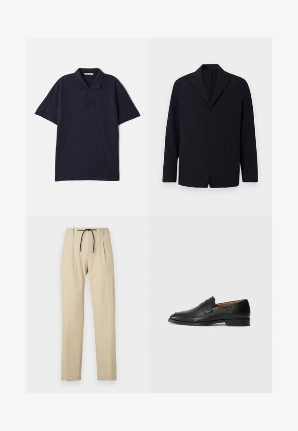 Marineblazer i teksturert stoff, enkelspent med tre knapper, med klaffkrage, to frontlommer, og en avslappet passform.; Marineblå polo-skjorte laget av bomull, med krage, korte ermer og en plattform med to knapper, samt en glatt tekstur.; Beige bukser med lige pasform, som har snørelukking i livet, plisseret foran og en glat tekstur. Enkel, alsidig design.; Svart skinnloafer med rund tå, subtilt sydd detaljering og lav hæl, med en glatt tekstur og minimalistisk design.
