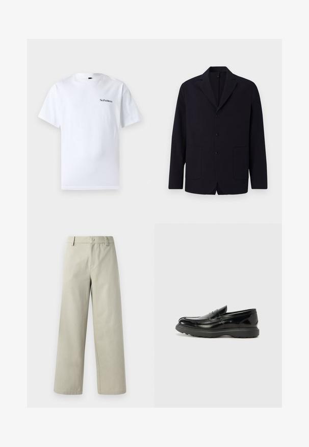 Marineblazer i tekstureret stof, en-knapslukning med tre knapper, slidserevers, to frontlommer og en afslappet pasform.; No Problemo MINI TEE - T-shirts basic - white; Han Kjøbenhavn WIDE LEG - Bukser - light grey; Sort læderloafer med en blank finish, rund tå, subtile syninger og en tyk gummisål for holdbarhed.