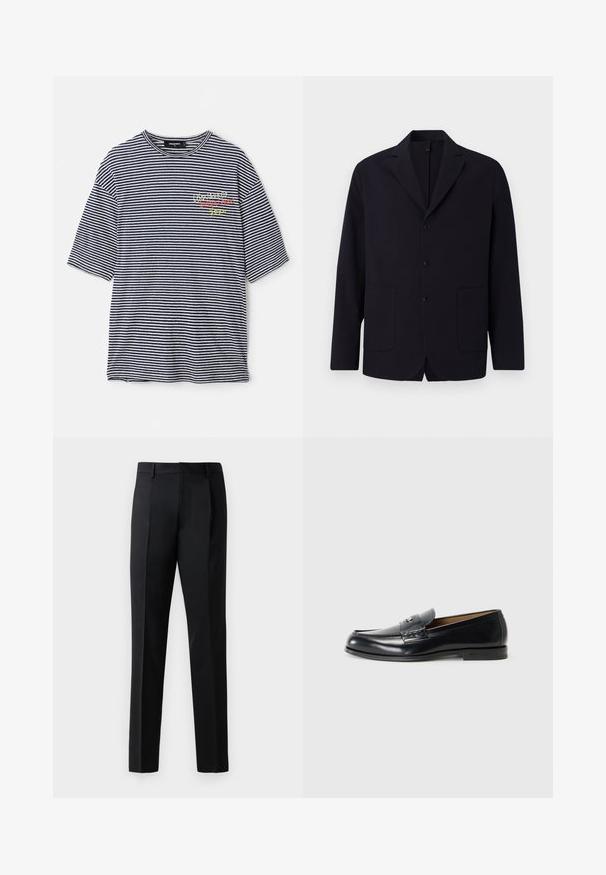 Laivastonsininen bleiseri teksturoidusta kankaasta, yksirivinen kolmella napilla, kauluksessa koloa, kaksi etutaskua ja rento istuvuus.; Raidallinen t-paita, jossa on vaakasuorat tummansiniset ja valkoiset raidat, lyhyet hihat, pyöreä pääntie ja monivärinen brodeerattu teksti rinnassa.; Mustat viralliset housut, jotka on valmistettu sileästä kankaasta, suoranlahkeiset, etupleiteillä varustetut ja tavanomainen vyötärö ilman koristeita.; Nahka loaferit mustana, jossa on sileä pinta, pyöreä kärki, koristeelliset tikkaus ja pieni metallikoriste edessä.