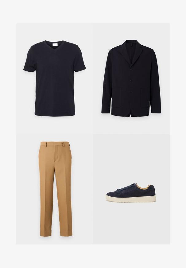 Blazer azul-marinho em tecido texturizado, de um botão, com três botões, lapelas em picote, dois bolsos frontais e um ajuste descontraído.; T-shirt preta de decote em V feita de algodão, com mangas curtas e um corte relaxado. Design simples, sem padrões ou acentos adicionais.; Calças de fato bege, feitas de um tecido entrelaçado, com corte straight, frente lisa e passantes para cinto. Textura suave sem padrões visíveis.; Sapatilha de camurça azul-marinho de cano baixo com biqueira arredondada, sola de borracha off-white e atacadores a condizer; apresenta um forro interior contrastante em tom de tan.