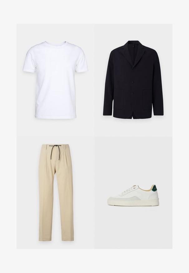 Blazer azul-marinho em tecido texturizado, de um botão, com três botões, lapelas em picote, dois bolsos frontais e um ajuste descontraído.; Camiseta branca de mangas curtas em tecido de algodão com decote redondo. Design simples, sem padrões ou detalhes. Textura suave.; Calças bege com corte reto, apresentando um cós com cordão, frente plissada e textura suave. Design simples e versátil.; Tênis brancos com detalhes em camurça, bico arredondado, atacadores planos e sola de borracha creme. Apresenta uma marcação verde no calcanhar.