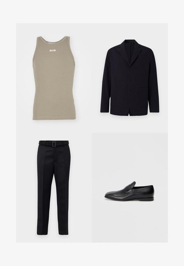 Marineblazer i tekstureret stof, en-knapslukning med tre knapper, slidserevers, to frontlommer og en afslappet pasform.; Khaki racerback tanktop lavet af strækbart bomuldsstof med ribstrikket tekstur; har et hvidt "MSGM" logo på brystområdet.; Sorte skræddersyede bukser har et glat stof, lige snit og en bæltestrop med en rektangulær spænde. Bemærkelsesværdige forreste folder fremhæver designet.; Sorte læder slip-on sko med spids tå, glat overflade og diskret branding på siden. Lav hæl med et rent, minimalistisk design.