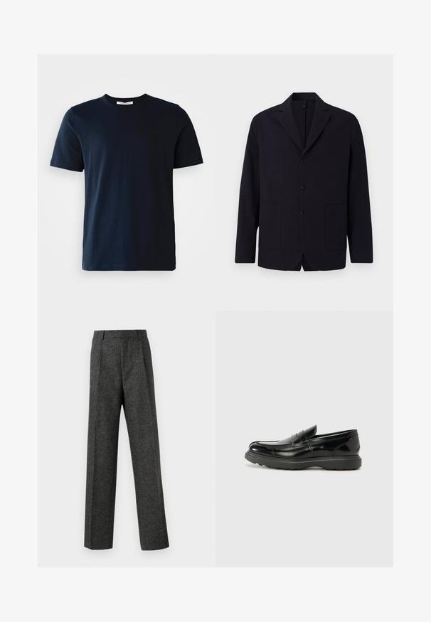 Mornarski blejzer iz teksturirane tkanine, jednoredni s tremi gumbi, zarezanimi reverji, dvema sprednjima žepoma in sproščenim krojem.; Temno modra majica s kratkimi rokavi, narejena iz bombaža, z okroglim izrezom in gladko teksturo brez vzorcev ali okraskov.; Sive krojene hlače iz teksturirane tkanine, ki imajo dva sprednja nabora in ravno kroj. Brez vidnih žepov ali okrasnih elementov.; Črne usnjene loafer čevlje z sijajno obdelavo, okroglo špico, subtilnimi šivi in debelim gumijastim podplatom za trajnost.