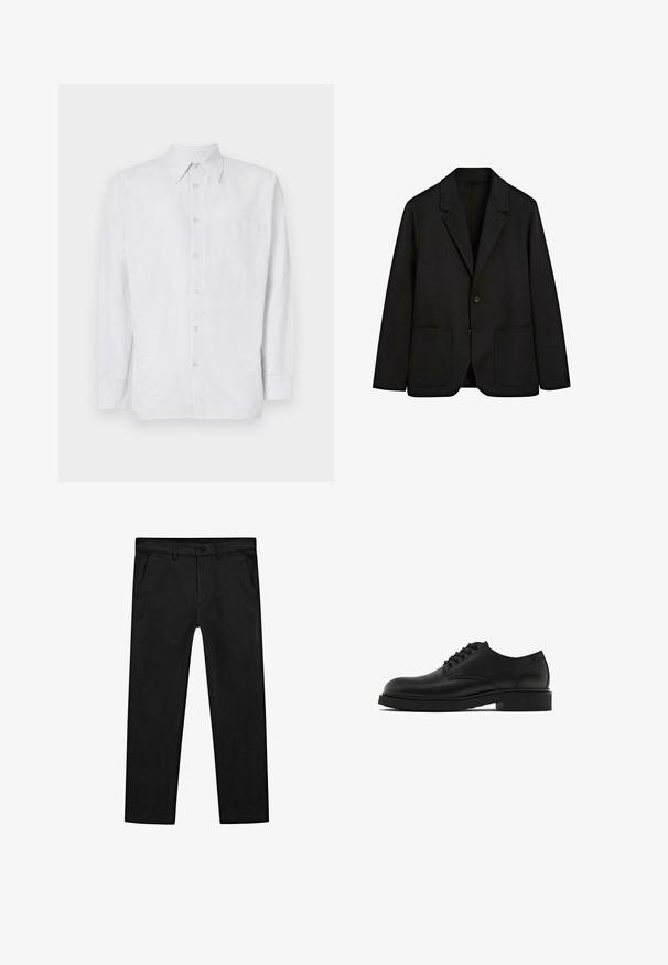 Černé sako z texturované látky s klopovým límcem s výřezem, zapínáním na jeden knoflík a dvěma předními kapsami. Jednoduchý, střihaný design.; Pruhovaná košile na knoflíky vyrobená z lehkého materiálu, s kapsou na prsou, dlouhými rukávy a límečkem v světlých modro-bílých tónech.; Černé bavlněné kalhoty s rovnými nohavicemi, předními kapsami a klasickým zapínáním na knoflík se zipem. Hladká textura, střih na míru.; Černé kožené společenské boty s texturovaným povrchem, kulatou špičkou, pěti otvory na tkaničky a pevnou černou podrážkou. Jednoduchý, rovný design.