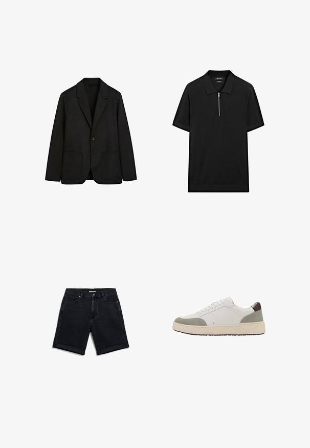 Zwarte blazer gemaakt van een gestructureerde stof, met een reverskraag met inkeping, een enkele knoopsluiting en twee voorzakken. Eenvoudig, op maat gemaakt ontwerp.; Zwarte polo met korte mouwen, een staande kraag en een rits aan de voorkant. Gemaakt van een gladde stof met een schoon, minimalistisch ontwerp.; Zwarte denim shorts met een rechte snit, subtiele vervaging, opgerolde zomen, vijfzakkenontwerp en een enkele knoopsluiting bij de taille.; Witte sneaker met grijze suède en donkerbruine leren accenten. Heeft een vetersluiting, een ronde neus, een dikke witte rubberen zool en minimale stiksels.