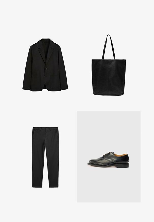 Svart blazer i ett strukturerat tyg, med ett slag med hack, en knappknäppning och två framfickor. Enkel, skräddarsydd design.; Svart stickad pullover med platt krage och V-ringning. Har långa ärmar samt ribbade mudd och nederkant. Texturerad tyg med slät yta.; Svarta byxor i mjukt tyg, med skräddarsydd passform, sidofickor och en ren, rak ben-design. Inga synliga mönster eller detaljer.; Svart lädersko med slät yta, rund tå och minimal snörning. Har en diskret design och en låg, stabil gummisula.; Svart läder toteväska med långa, platta handtag. Enkel design, rektangulär form, slät yta och ingen synlig hårdvara eller dekorationer.