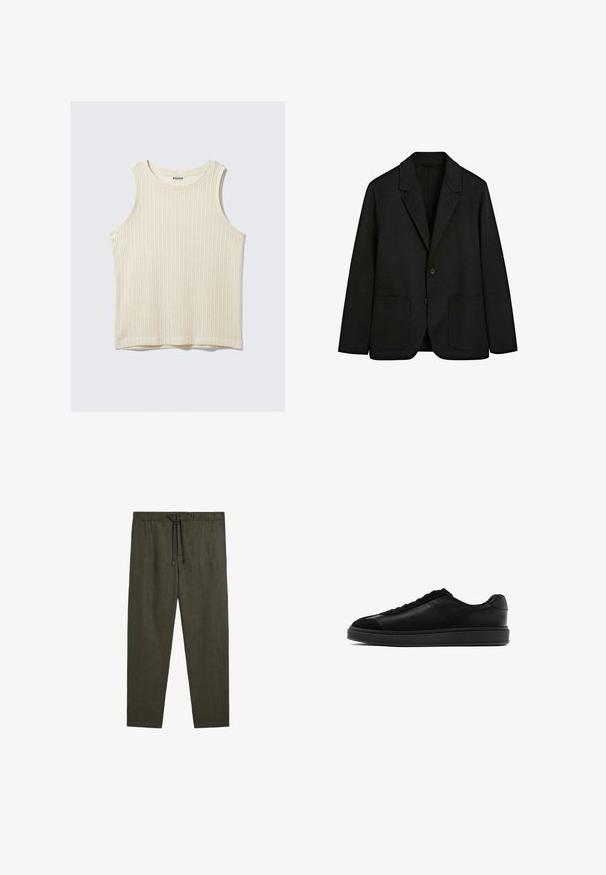 Sort blazer lavet af et struktureret stof, med notch-revers, enkelt knaplukning og to forlommer. Enkel, skræddersyet design.; Cremefarvet ribbet tanktop med rund halsudskæring og brede skulderstropper. Blød tekstur med et enkelt design. Labelen læser "WEEKDAY."; Massimo Dutti JOGGER FIT - Bukser - dark green; Sorte lædersneakers med en glat overflade, rund tå, snørebånd foran og en kontrasterende tekstureret tunge. Tykk sort gummisål.