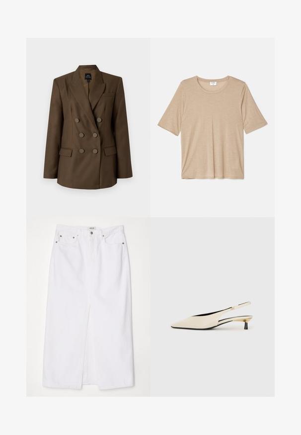 Ruskea kaksirivinen bleiseri, jossa on huipputaskut, kaksi etutaskua ja kuusi pyöreää nappia. Sileä kangas ja hyvin istuva malli.; Filippa K ELENA TEE - Printtipaita - sandstone; Valkoinen farkuhame, jossa on etuläppä, viisi taskua, metallivaihteet ja vetoketjukiinnitys sekä ommeltu helmadetails.; Beige patenttiki painokas kengät, joissa on terävä kärki, hoikka musta korko ja metallinhallaiset kultaiset yksityiskohdat sivuilla.