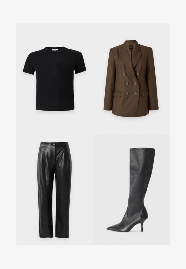 Hnedý dvojsúčelový blazer s špicatými klopami, dvoma prednými vreckami a šiestimi okrúhlymi gombíkmi. Hladká tkanina a prispôsobený strih.; Čierne tričko s krátkym rukávom vyrobené z mäkkej tkaniny. Má klasický okrúhly výstrih a rovný lem, čo mu poskytuje jednoduchý a univerzálny dizajn.; Čierne nohavice z umelej kože s textúrovaným povrchom, širokým strihom, prednými skladmi a jedným gombíkom na zapínanie v páse.; Čierne kožené čižmy do výšky kolien s špicatou špičkou a úzkym stiletto podpätkom. Hladká textúra s priliehavým dizajnom a prešitím na vrchnom okraji.