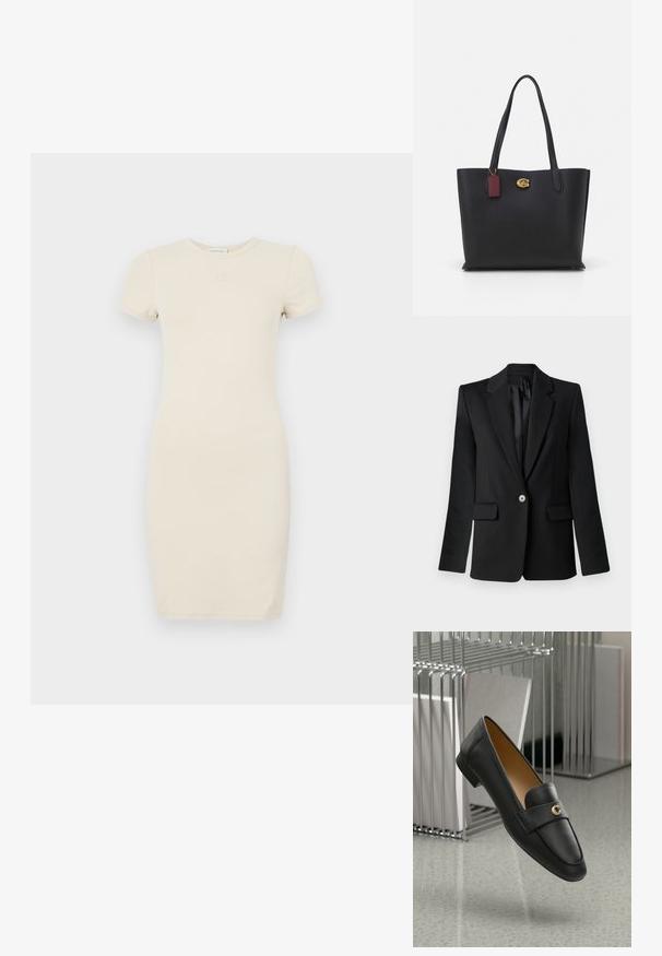 Zwarte blazer met gesneden revers, sluiting met één knoop, twee voorzakken en gestructureerde schouders. Glad materiaal met een getailleerde pasvorm.; Lichtbeige jurk met korte mouwen en een getailleerde silhoutte. Gemaakt van zacht materiaal, met een klein geborduurd logo op de borst.; Zwarte leren instappers met een gouden accent, een ronde neus en een gladde textuur, zwevend boven een reflecterend oppervlak met metalen schappen.; Zwarte leren tote bag met twee lange handvatten, gestructureerde afwerking, gouden hardware en een bordeauxkleurig label. Ruimtelijk ontwerp met een open bovenkant.