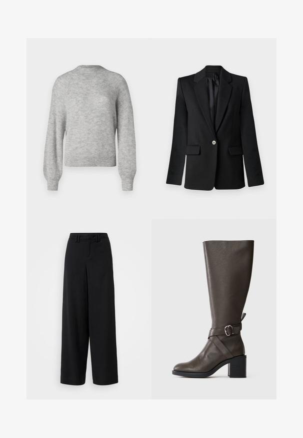 Czarna marynarka z klapami, zapięcie na pojedynczy guzik, dwie przednie kieszenie i wyraźnie zarysowane ramiona. Gładki materiał o dopasowanym kroju.; Jasnoszary, dzianinowy sweter z miękkiego materiału, z okrągłym dekoltem oraz długimi, lekko bufkami rękawami z prążkowanymi wykończeniami.; Czarne spodnie szerokie o gładkim materiale, z prostym przodem, plisowanymi detalami i szlufkami na pasek w talii.; Ciemnobrązowa skórzana cholewka do kolan z średnim obcasem blokowym oraz ozdobnym paskiem z srebrną klamrą wokół kostki.
