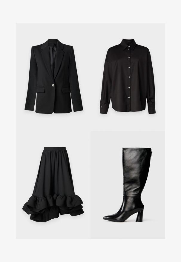 Fekete zakó füles gallérral, egy gombos záródással, két elülső zsebbel és struktúrált vállakkal. Sima anyag, testhezálló fazon.; DRYKORN LYSILA - Gombos blúz - black; Fekete, térd alá érő szoknya, réteges fodrokkal az alján, sima anyagból, rugalmas derékkal az állítható illeszkedésért.; Térd fölé érő fekete bőr csizma hegyes orral, sima felülettel és vastag sarkal. A hátsó részen cipzár részlet található.