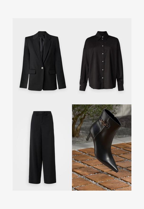 Blazer noir avec revers crantés, fermeture à un bouton, deux poches avant et épaules structurées. Tissu lisse avec une coupe ajustée.; DRYKORN LYSILA - Chemisier - black; Pantalons large en noir en tissu lisse, avec une taille plate, des détails plissés et des passants de ceinture à la taille.; Bottine en cuir noir avec un bout pointu et un petit talon. Présente un accent de chaîne dorée au niveau de la cheville. Entourée d'une surface en pierre texturée.