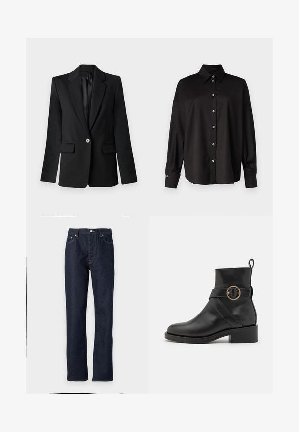 Blazer negro con solapas de muesca, cierre de un solo botón, dos bolsillos frontales y hombros estructurados. Tejido suave con un ajuste entallado.; DRYKORN LYSILA - Blusa - black; Jeans de mezclilla azul oscuro con corte recto, con cierre de botón y cremallera, diseño de cinco bolsillos y detalles de costura en contraste.; BOSS IRYNA BOOTIE - Botines con plataforma - black