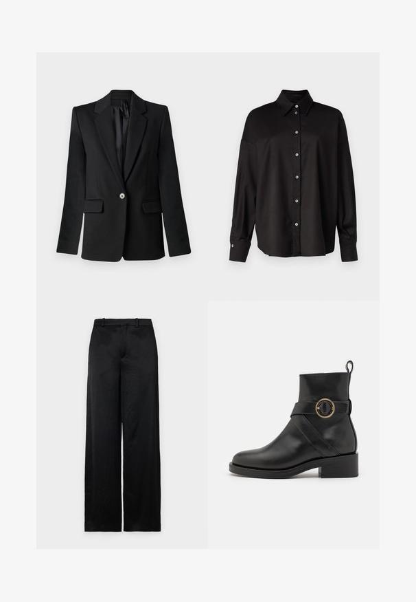 Czarna marynarka z klapami, zapięcie na pojedynczy guzik, dwie przednie kieszenie i wyraźnie zarysowane ramiona. Gładki materiał o dopasowanym kroju.; DRYKORN LYSILA czarny; Czarne spodnie typu wide-leg wykonane z lekkiej, teksturowanej tkaniny. Posiadają gładki pas z szlufkami na pasek oraz prostą, swobodną sylwetkę.; BOSS IRYNA czarny