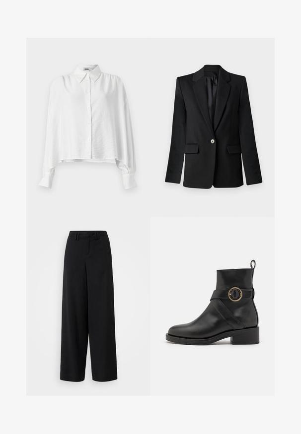 Sort blazer med klapkraver, enkelt knaplukning, to frontlommer og strukturerede skuldre. Glat stof med skræddersyet pasform.; Hvid skjorte med knap-og-op-lukning i afslappet pasform, der har spread krave, lange ærmer og en let forkortet kant. Glat, let stof.; Sorte brede bukser lavet af glat stof, med en flad front, plisserede detaljer og bæltestropper i taljen.; BOSS IRYNA BOOTIE - Plateaustøvletter - black