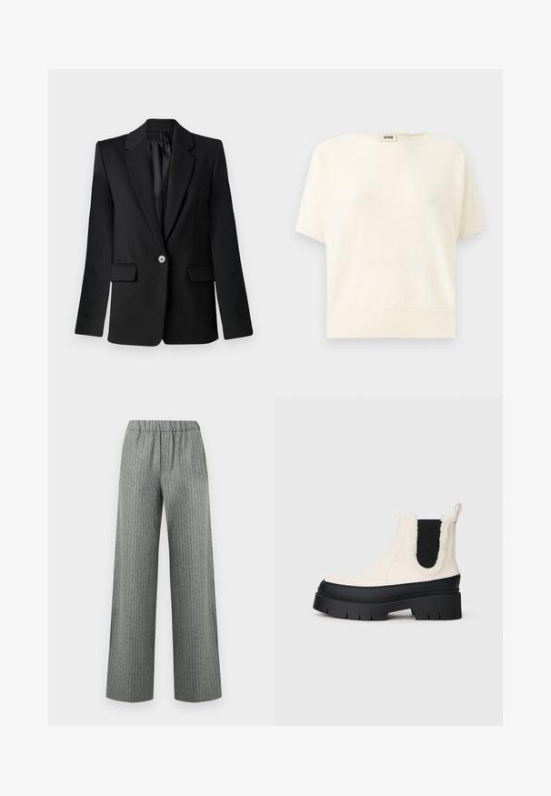 Blazer nero con revers a sacchetto, chiusura a un bottone, due tasche frontali e spalle strutturate. Tessuto liscio con una vestibilità sartoriale.; Top corto a maniche corte color crema con una vestibilità comoda, orlo a coste e scollatura rotonda; realizzato in un tessuto morbido e leggero.; Pantaloni a righe sottili grigi con gamba larga, vita elasticizzata, tasche anteriori e taglio dritto.; Stivali alla caviglia con piattaforma spessa, upper bianco, suola in gomma nera e pannelli laterali elastici neri a contrasto. Bordo superiore in pelliccia sintetica.