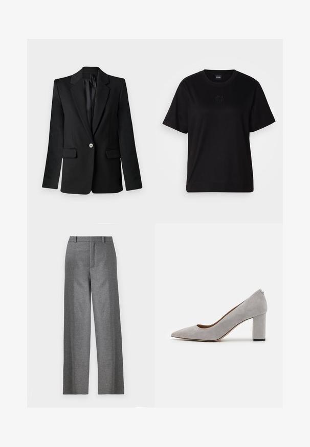 Black blazer with notched lapels, single-button closure, two front pockets, and structured shoulders. Smooth fabric with a tailored fit.; Black cotton t-shirt with a crew neckline, short sleeves, and an embroidered logo on the chest. Simple, relaxed fit with no patterns.; Gray, tailored trousers with a straight-leg cut, made from textured fabric. Features a flat front, belt loops, and side pockets.; Gray suede pump with a pointed toe and a chunky heel. Features a smooth texture and a subtle heel accent for stability.
