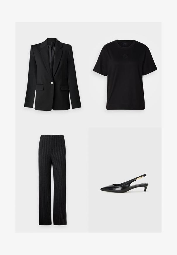 Blazer noir avec revers crantés, fermeture à un bouton, deux poches avant et épaules structurées. Tissu lisse avec une coupe ajustée.; T-shirt en coton noir avec un col rond, des manches courtes et un logo brodé sur la poitrine. Coupe simple et décontractée sans motifs.; Pantalons noirs à rayures avec une coupe droite, dotés d'une texture lisse et d'une ceinture, adaptés pour des tenues formelles ou professionnelles.; Talons hauts en cuir noir avec un bout pointu, dotés d'un talon fin et d'un accent en ton or sur la lanière réglable. Texture lisse.