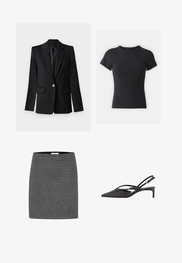 Zwarte blazer met gesneden revers, sluiting met één knoop, twee voorzakken en gestructureerde schouders. Glad materiaal met een getailleerde pasvorm.; Zwarte geribbelde t-shirt met een ronde hals en korte mouwen, met een aansluitende pasvorm en een gladde textuur. Eenvoudig ontwerp, zonder patronen.; Zwart-wit houndstooth rok met een getailleerde silhouet, zachte textuur en een tailleband. Geen zichtbare hardware of patronen naast het houndstooth ontwerp.; Zwarte leren slingback pump met een spitse neus, slanke enkelbandjes en een lage stilettohak. Gladde textuur met een minimalistisch ontwerp.