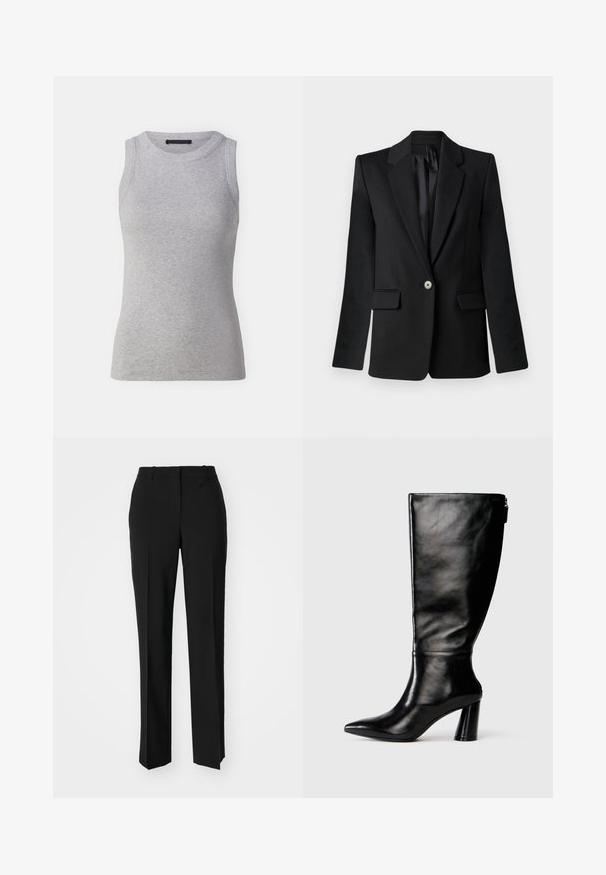 Czarna marynarka z klapami, zapięcie na pojedynczy guzik, dwie przednie kieszenie i wyraźnie zarysowane ramiona. Gładki materiał o dopasowanym kroju.; Szary bezrękawnik wykonany z prążkowanej tkaniny. Posiada okrągły dekolt i dopasowany krój. Prosty design, bez widocznych wzorów czy akcentów.; Czarne spodnie o dopasowanym kroju z prostymi nogawkami, o gładkiej fakturze i wyraźnych zagięciach z przodu. Bez widocznych elementów metalowych.; Czarny skórzany but do kolan z ostro zakończonym noskiem, gładką fakturą i grubym obcasem. Posiada zamek z tyłu.