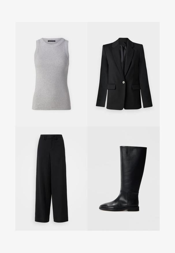 Blazer negru cu rever înclinat, închidere cu un singur buton, două buzunare frontale și umeri structurați. Material neted cu o croială adaptată.; Top gri fără mâneci fabricat din material ribat. Are un decolteu rotund și o formă ajustată. Design simplu, fără modele sau accente vizibile.; Pantaloni negri cu picioare lărgi, confecționați dintr-un material neted, cu un design frontal plat, detalii pliate și bucle pentru curea la talie.; Cizmă neagră din piele până la genunchi, cu vârf rotund, textură netedă, design minimalist și talpă plată. Detalii simple de cusătură pe tijă.