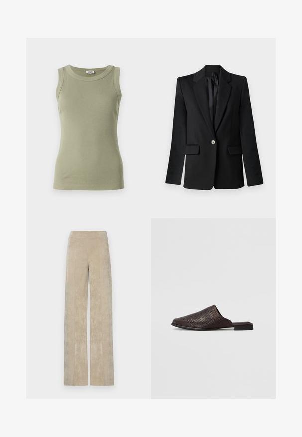 Mustaga blazer, millel on notšitud krae, üksiku nupulehega sulgemine, kaks esikäe taskut ja struktureeritud õlad. Sile kangas ja sobiv lõige.; Olivroheline, ilma varrukateta ribakanga T-särk ümarate kaelustega. Valmistatud siledast kangast, millel on talje kohane siluett ja nähtavad õmblusdetailid.; Korkealanteiset, laihalahkeiset housud heledas beežis korduris, millel on vertikaalsed ribad ja pehme tekstuur. Lame vöökoht mugavuse tagamiseks.; Mustad musta mules, mis on valmistatud tekstuuriga materjalist ja millel on roomajate mustriga pind, madala ja tasase kontsaga ning ümmargune avatud varvaste disain.