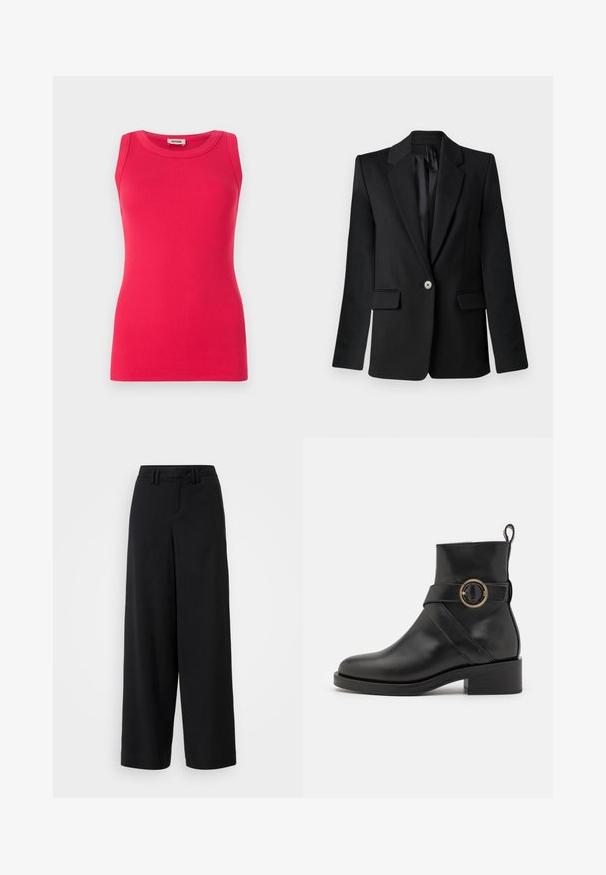 Schwarzer Blazer mit Reverskragen, einreihigem Knopfverschluss, zwei Fronttaschen und strukturierten Schultern. Glatter Stoff mit taillierter Passform.; Taillierte, ärmellose Oberteil aus geripptem Stoff in leuchtendem Pink. Mit runder Halslinie und glatter Haptik sowie sauberen Kanten.; Schwarze weite Hosen aus glattem Stoff, mit einem flachen Frontdesign, gefältelten Details und Gürtelschlaufen am Bündchen.; BOSS IRYNA BOOTIE - Plateaustiefelette - black