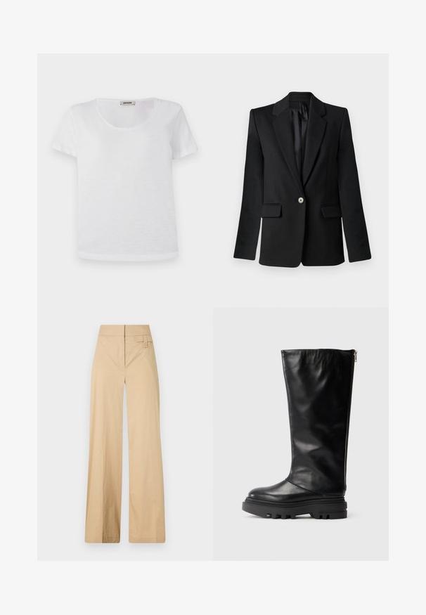 Černý saka s klopami, zapínáním na jediný knoflík, dvěma předními kapsami a strukturovanými rameny. Hladká tkanina s upraveným střihem.; Bílý tričko s krátkým rukávem vyrobené z měkké tkaniny, má kulatý výstřih a rovný lem bez viditelných vzorů nebo akcentů.; Béžové kalhoty s širokými nohavicemi vyrobené z bavlněné směsi. Mají hladkou texturu, elastický pas a boční detail s knoflíkem.; Černá kožená vysoká bota po kolena s kulatou špičkou, masivní gumovou podrážkou a bočním zipem na zapínání. Hladký povrch s minimem detailů.