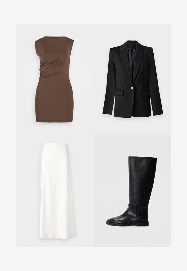 Sort blazer med klapkraver, enkelt knaplukning, to frontlommer og strukturerede skuldre. Glat stof med skræddersyet pasform.; Brun, ærmeløs kjole med en tætsiddende silhuet. Har sideløsninger og et glat, strækbart stof. Enkel rund halsudskæring, længde over knæet.; Hvid, satin nederdel med en glat overflade, mellemlang, A-formet, med elastisk talje og uden synlige mønstre eller udsmykninger.; Sorte læderknæhigh støvler med rund tå, glat tekstur, minimalistisk design og flad sål. Enkle sømdetaljer på skaftet.