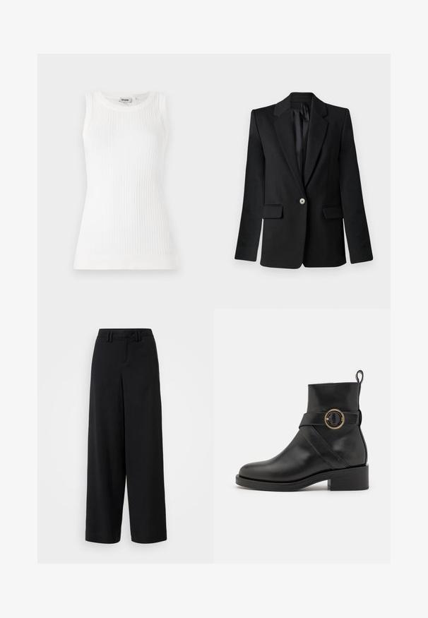 Black blazer with notched lapels, single-button closure, two front pockets, and structured shoulders. Smooth fabric with a tailored fit.; White ribbed sleeveless top with a round neckline and fitted design, made from a lightweight fabric. Clean, smooth texture throughout.; Black wide-leg trousers made of smooth fabric, featuring a flat-front design, pleated details, and belt loops at the waistband.; BOSS IRYNA BOOTIE - Platform ankle boots - black