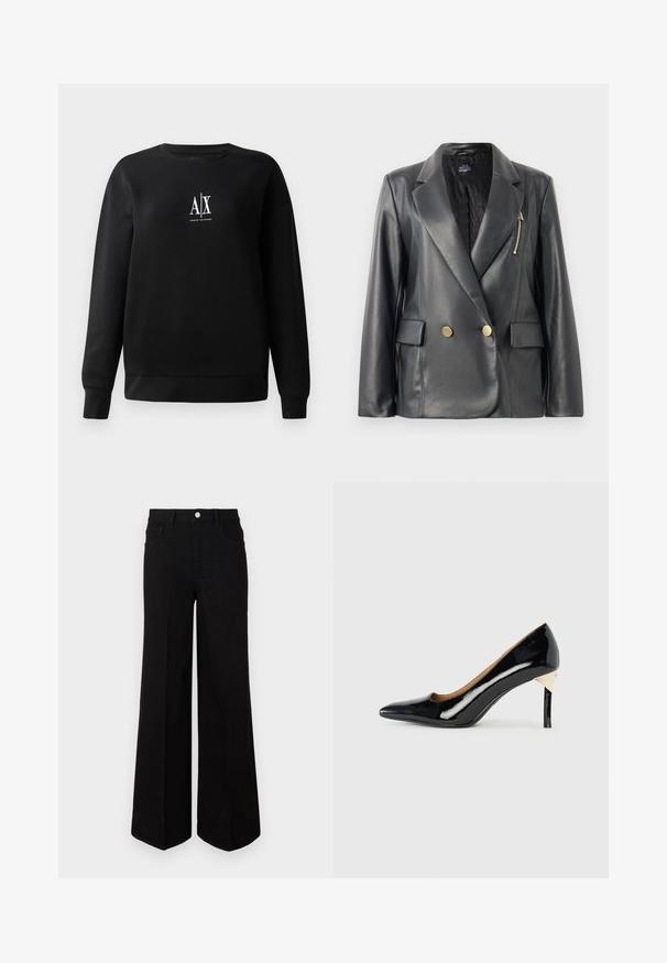 Blazer doppiopetto in pelle nera con finitura satinata, ampi rever, bottoni color oro, tasca con zip e fodera trapuntata.; Sweatshirt nero in misto cotone, con colletto rotondo e maniche lunghe. Al centro davanti presenta un logo bianco "A|X". Texture liscia.; Jeans neri a gamba larga realizzati in tessuto resistente, con vita alta, tasche frontali e chiusura con bottone anteriore. Orlo piatto sul fondo.; Scarpa con tacco alto in vernice nera, punta affilata e design con ritagli; presenta un elegante accento dorato sul tacco. Semplice ed elegante.
