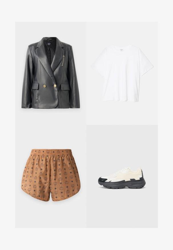 Black leather double-breasted blazer featuring a satin finish, wide lapels, gold-tone buttons, zippered pocket, and quilted lining.; White cotton t-shirt with short sleeves, round neckline, relaxed fit, and stitched hem. Label visible on the inside neck.; Brown shorts featuring an all-over logo pattern with dark blue diamond accents, elastic waistband, and lightweight, textured fabric.; Sneakers with a cream and black color scheme, featuring a chunky, textured sole and a combination of smooth and suede materials.