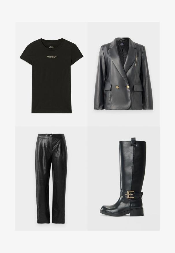 Melna ādas divu rindu žakete ar satīna apdari, platai atlokiem, zelta toņa pogām, rāvējslēdzēja kabatu un quiltētu oderi.; Melna īsām piedurknēm T-krekls no Armani Exchange ar nelieliem bēšas krāsas burtiem uz krūšu "Armani Exchange Milano / New York".; Melnas mākslīgās ādas bikses ar tekstūru, plaša piegriezuma kājas, priekšējiem krokām un vienu pogu jostasvietā.; Melnas ādas ceļgala augstuma zābaki ar zemu bloku papēdi, ar dekoratīvu zelta sprādzi ap potīti un cilpu augšpusē.